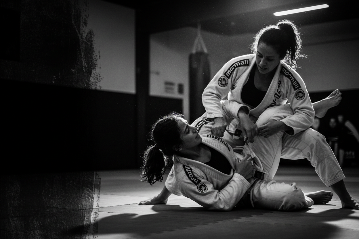a black and white image of two girls fighting on a Mormaii GI on the right side of the image